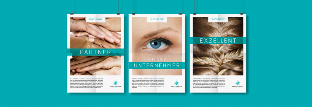 Drei Plakate mit den Motiven Partner, Unternehmer, Exzellenz