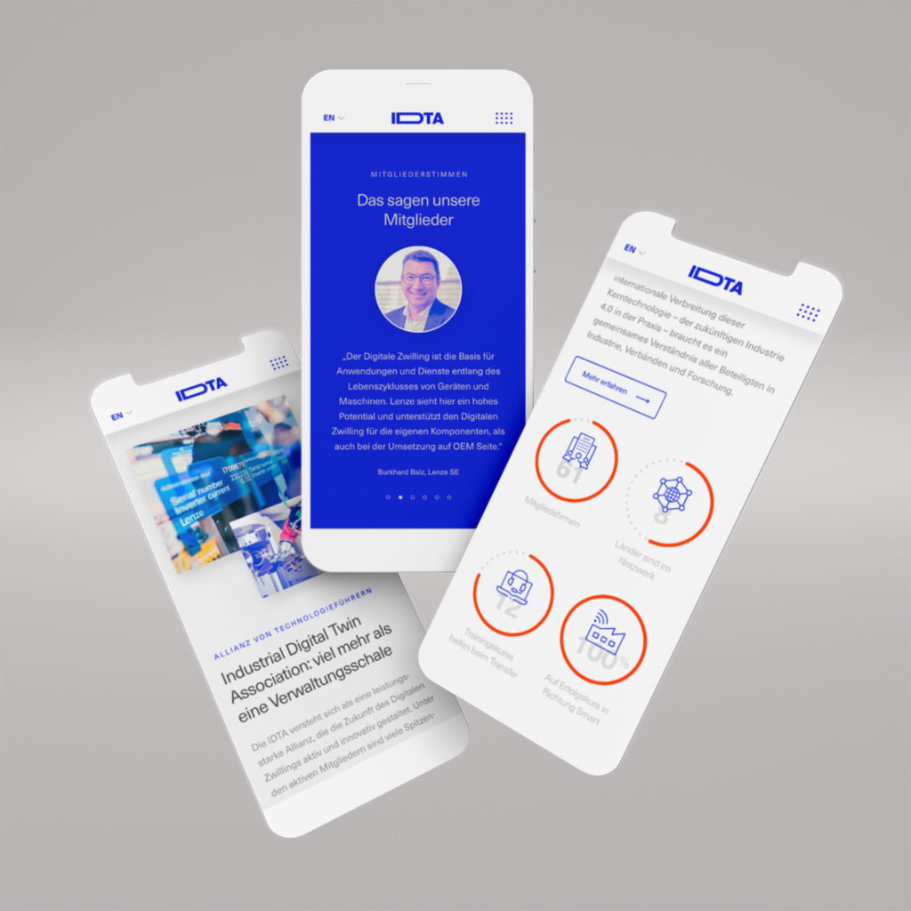 Drei weiße schwebende Smartphones mit Website Dersigns