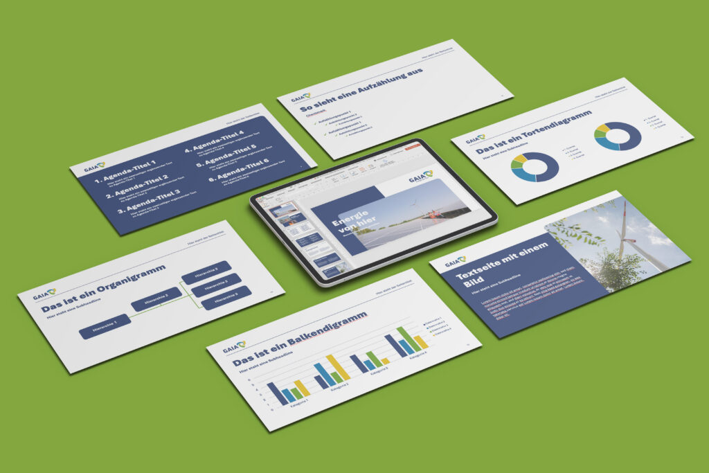 Mockup des neuen Corporate Designs von GAIA, das im Rahmen des Markenrelaunches entstanden ist 